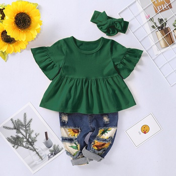 3-piece Solid Flounced Dress and Sunflower Print Jeans Set